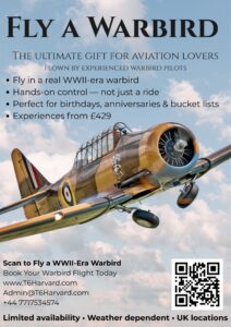 The best value Warbird flights in the UK! T6 Harvard Ltd Embark on an exhilarating adventure with T6 Harvard Ltd's Warbird flights. Take control of the legendary T6 Harvard aircraft and soar through the skies, reliving the glory days of aviation history. Book your flight today and experience the thrill of flying a true warbird.